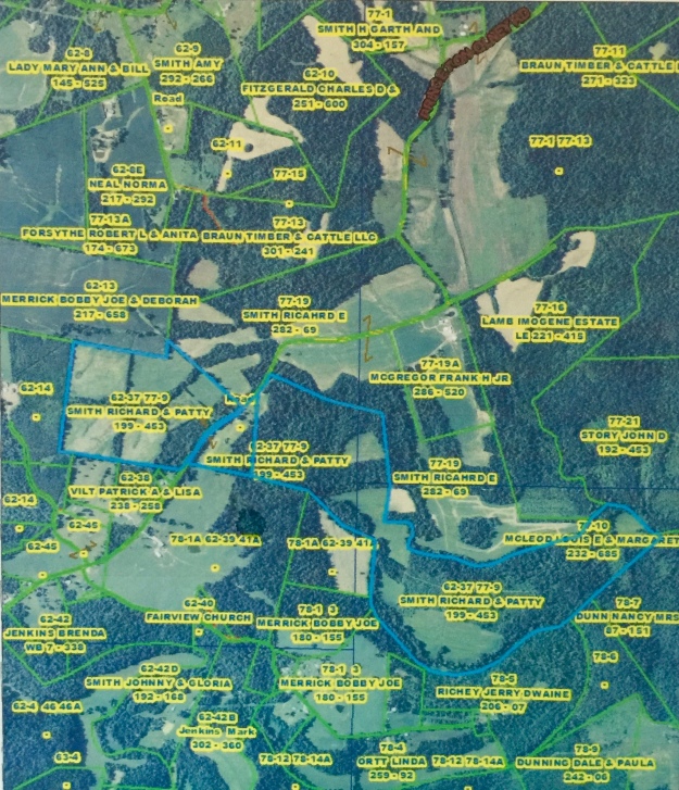 This map is from public records showcasing the farm highlighted in blue with the number 62-37 77-9. You can see open fields, but in those woods is where the cemetery actually has our ancestors.